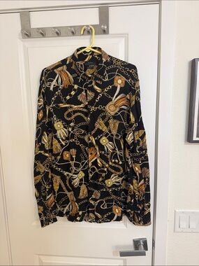 Zara Black Button-Up Shirt with Gold Chain & Tassel Print